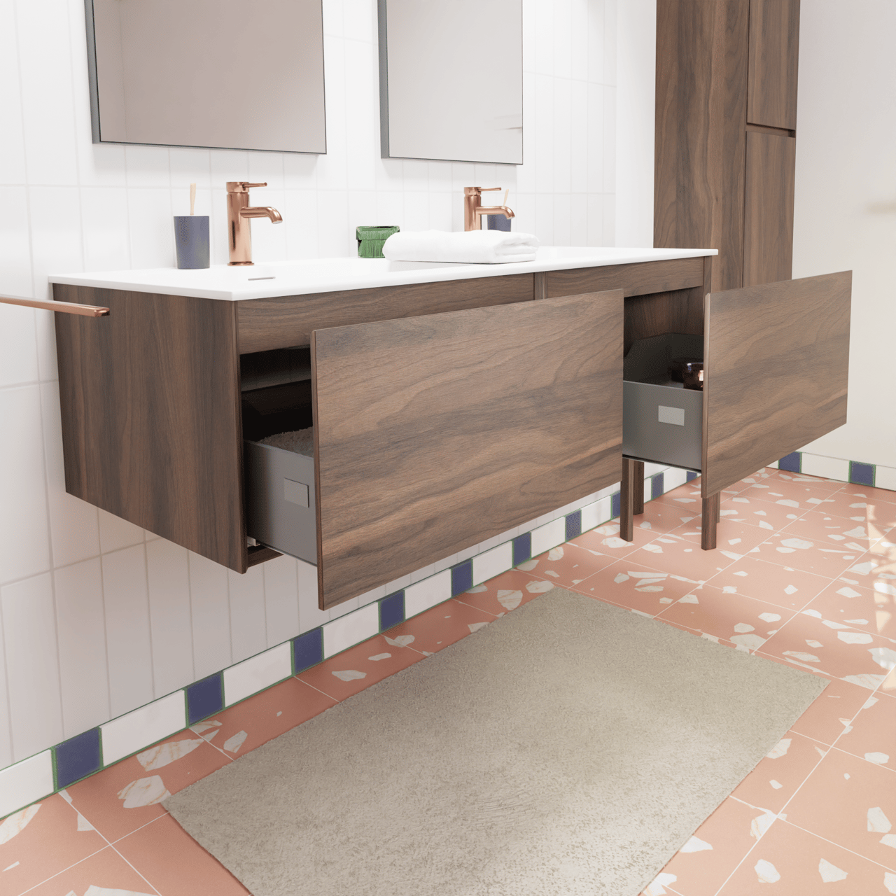 Storke Edge zwevend badkamermeubel 130 x 52 cm notelaar met Mata dubbele wastafel in solid surface mat wit