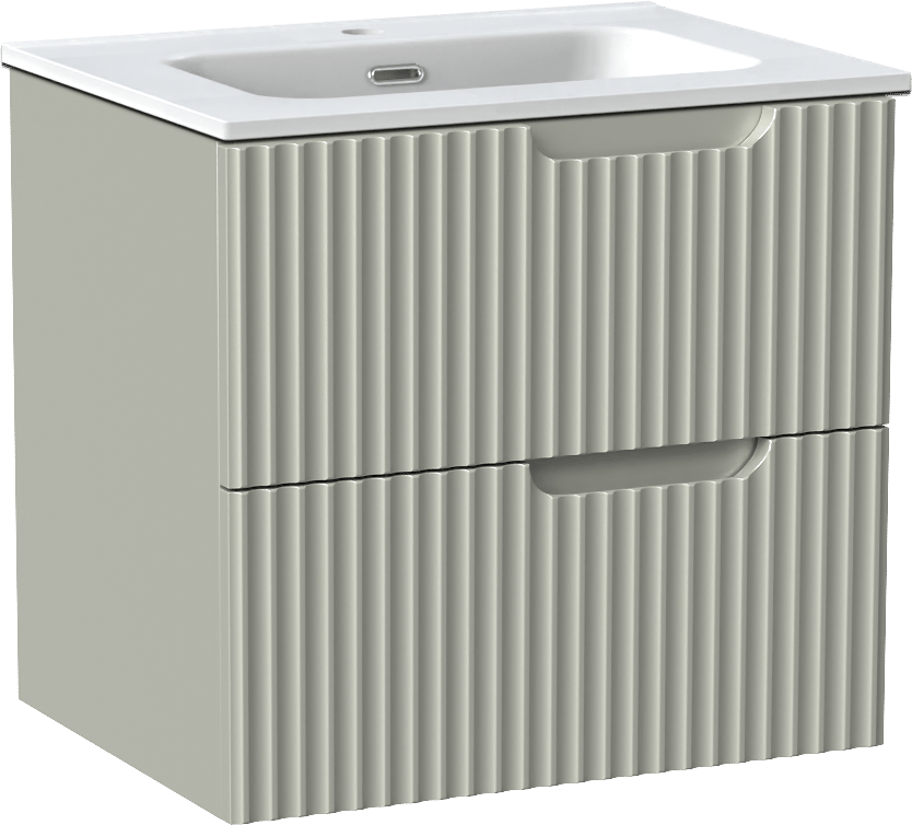 Linie Ribbo hängendes Möbelstück Set: 60 x 46 cm, Greige, mit Baro Einzelwaschtisch, Porzellan, Weiß matt, Vertikale symmetrische runde Rippe