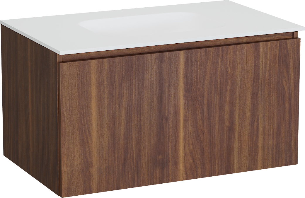 Balmani Sfera hängendes Möbelstück Set: 90 x 55 cm, Amerikanischer Nussbaum, mit Tablo Arcato Einzelwaschtisch, Solid Surface Weiß matt