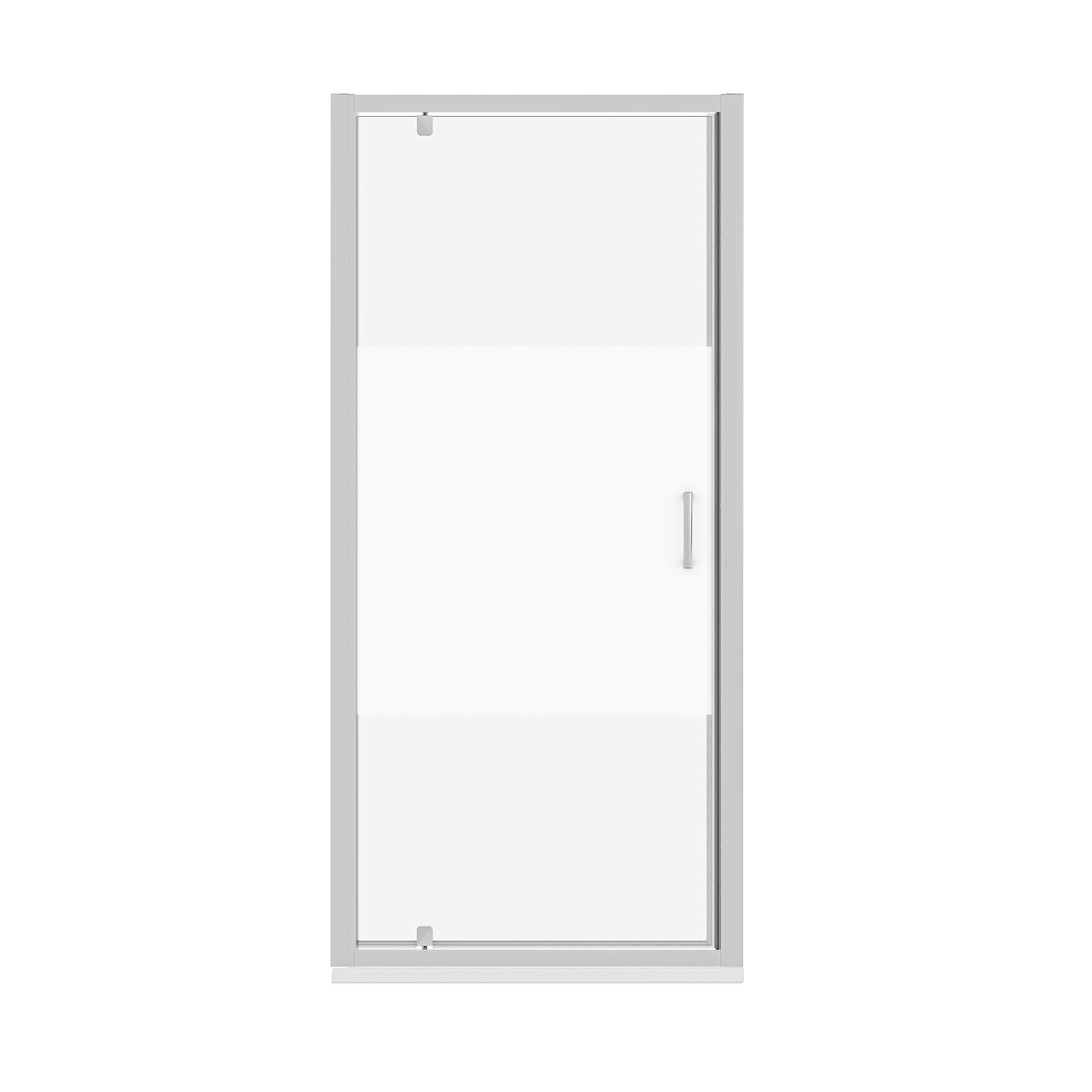 Luca Varess Vidor porte pivotante 90 x 190 cm verre transparent avec bande matte profil chrome brillant