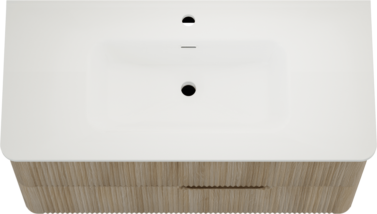 Linie Curvo meuble salle de bains suspendu 100 x 46 cm chêne clair avec Baro Curvo plan simple en porcelaine blanc brillant, Nervure circulaire symétrique verticale