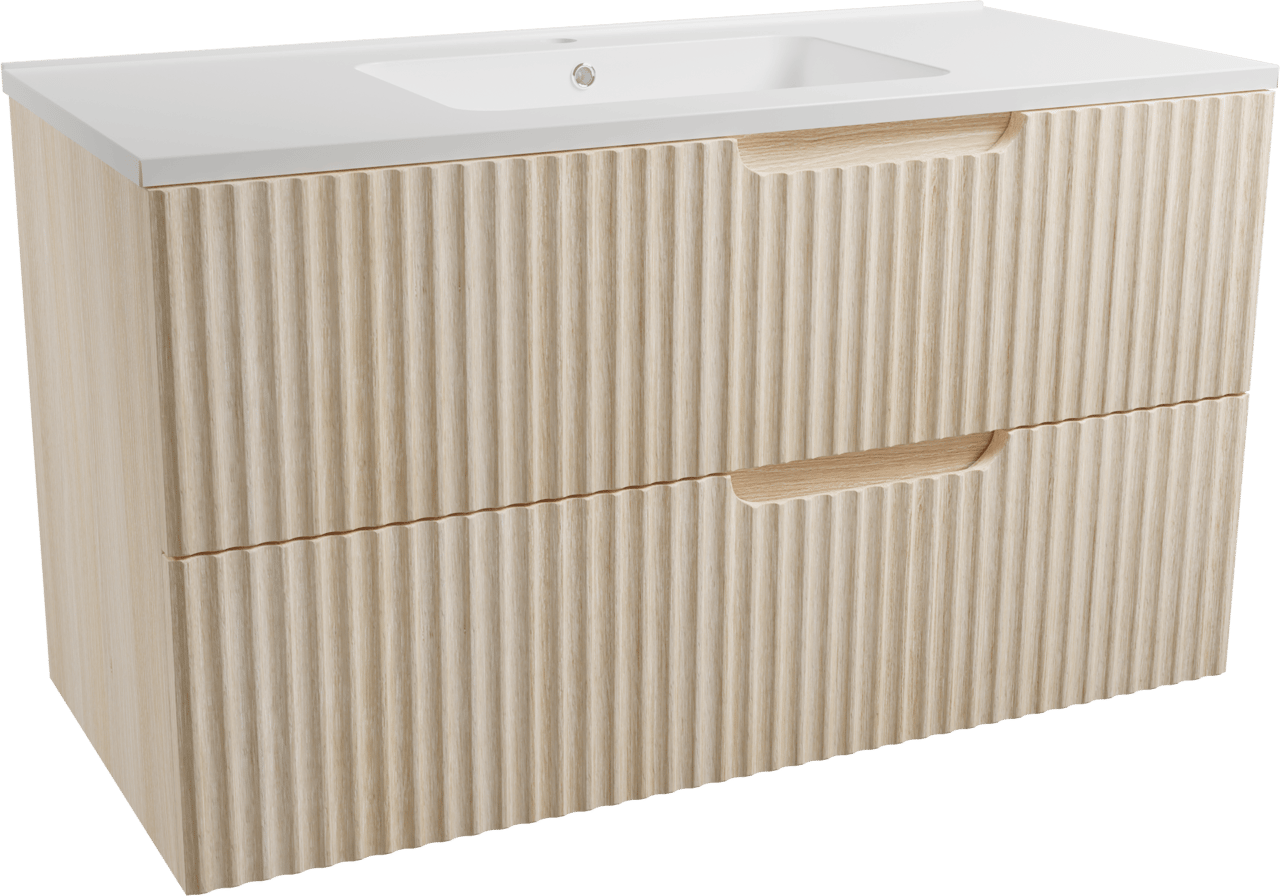 Linie Ribbo meuble salle de bains suspendu 100 x 46 cm chêne clair avec Vano plan simple en marbre composite blanc brillant, Nervure circulaire symétrique verticale