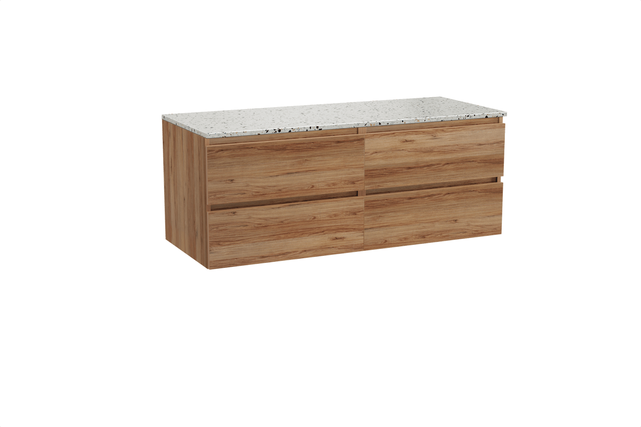 Balmani Lucida hängendes Möbelstück Set: 135 x 55 cm, Teak, mit Stretto Einzel- oder Doppel Waschtischplatte, Terrazzo in Weiß/Schwarz matt