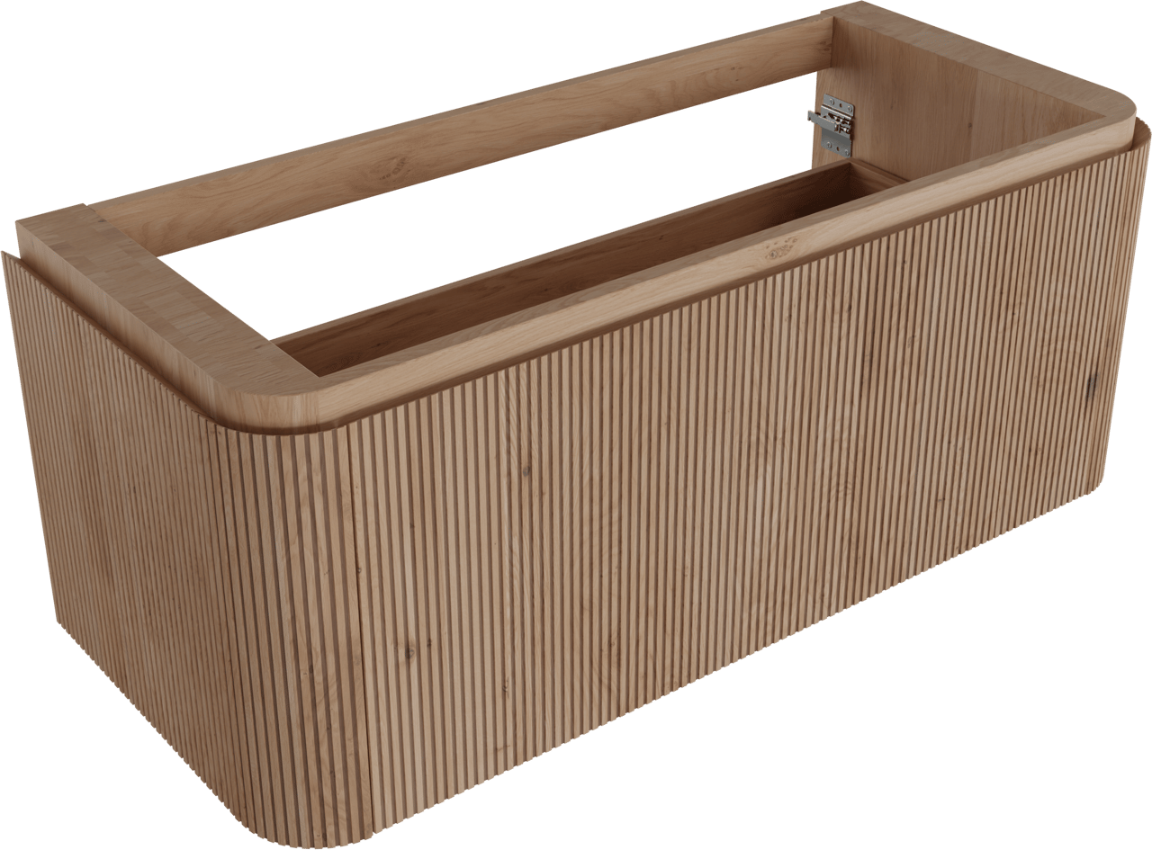 Balmani Moon hängender Waschbeckenunterschrank: 130 x 55 cm, Eiche natur, 2 Schubladen, Vert. Sym. Rippe