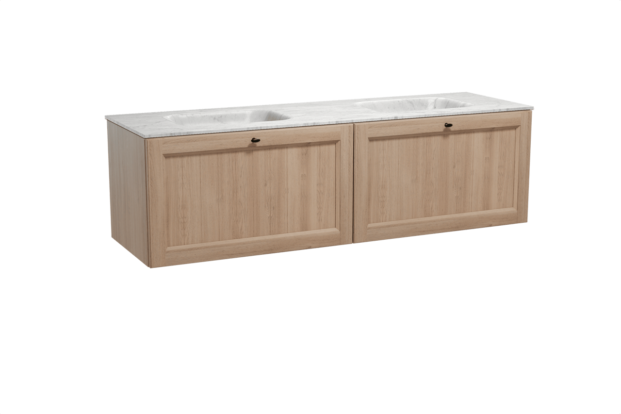 Balmani Lemon hängendes Möbelstück Set: 180 x 55 cm, Verwitterte Eiche, mit Tablo Arcato Doppelwaschtisch, Marmor Carrara