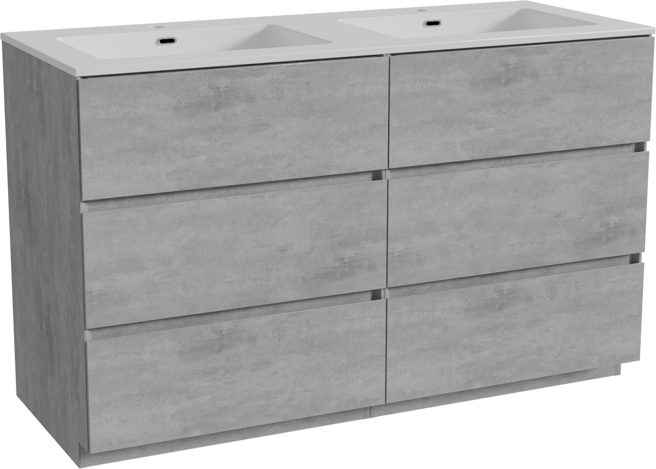 Storke Edge meuble salle de bains à poser 130 x 52 cm béton gris foncé avec Diva double vasque en marbre composite blanc brillant