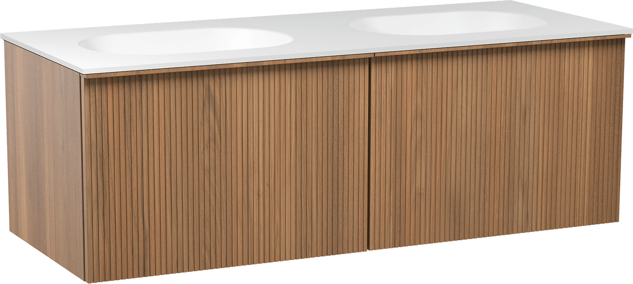Balmani Forma zwevend badkamermeubel 135 x 55 cm teak met Tablo Oval dubbele wastafel in solid surface mat wit, Verticale symmetrische rechte ribbel