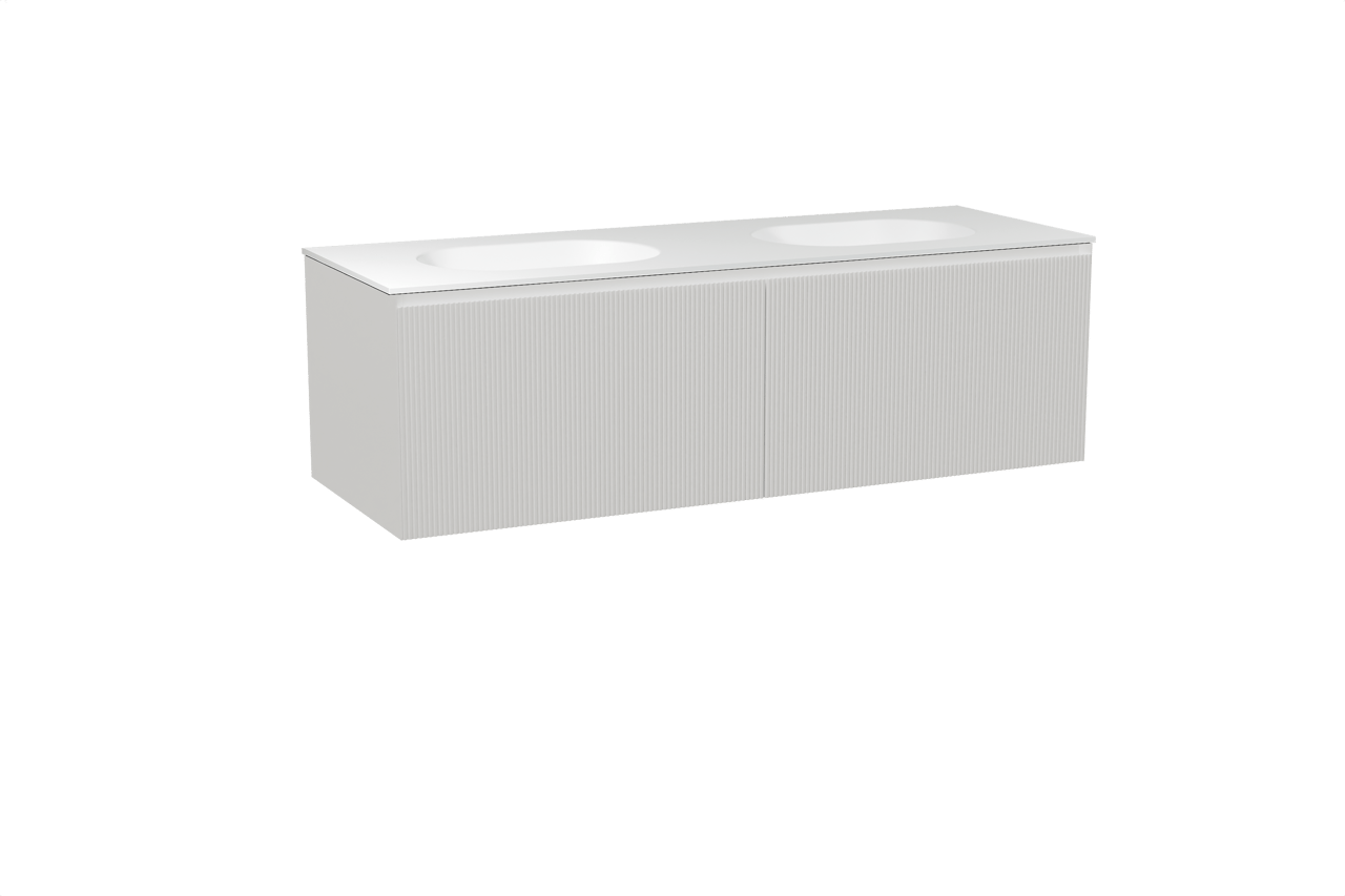 Balmani Fila hängendes Möbelstück Set: 150 x 55 cm, Weiß matt, mit Tablo Oval Doppelwaschtisch, Solid Surface, Weiß matt, Vertikale symmetrische gerade Rippe