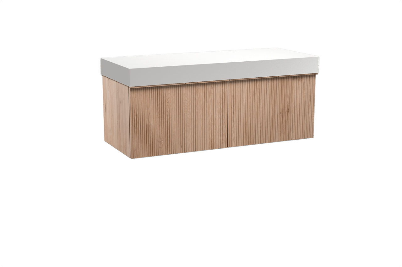 Balmani Forma hängendes Möbelstück Set: 135 x 55 cm, Naturbelassene Eiche, mit Dominus Einzel- oder Doppel Waschtischplatte, Solid Surface, Weiß matt, Vertikale symmetrische gerade Rippe