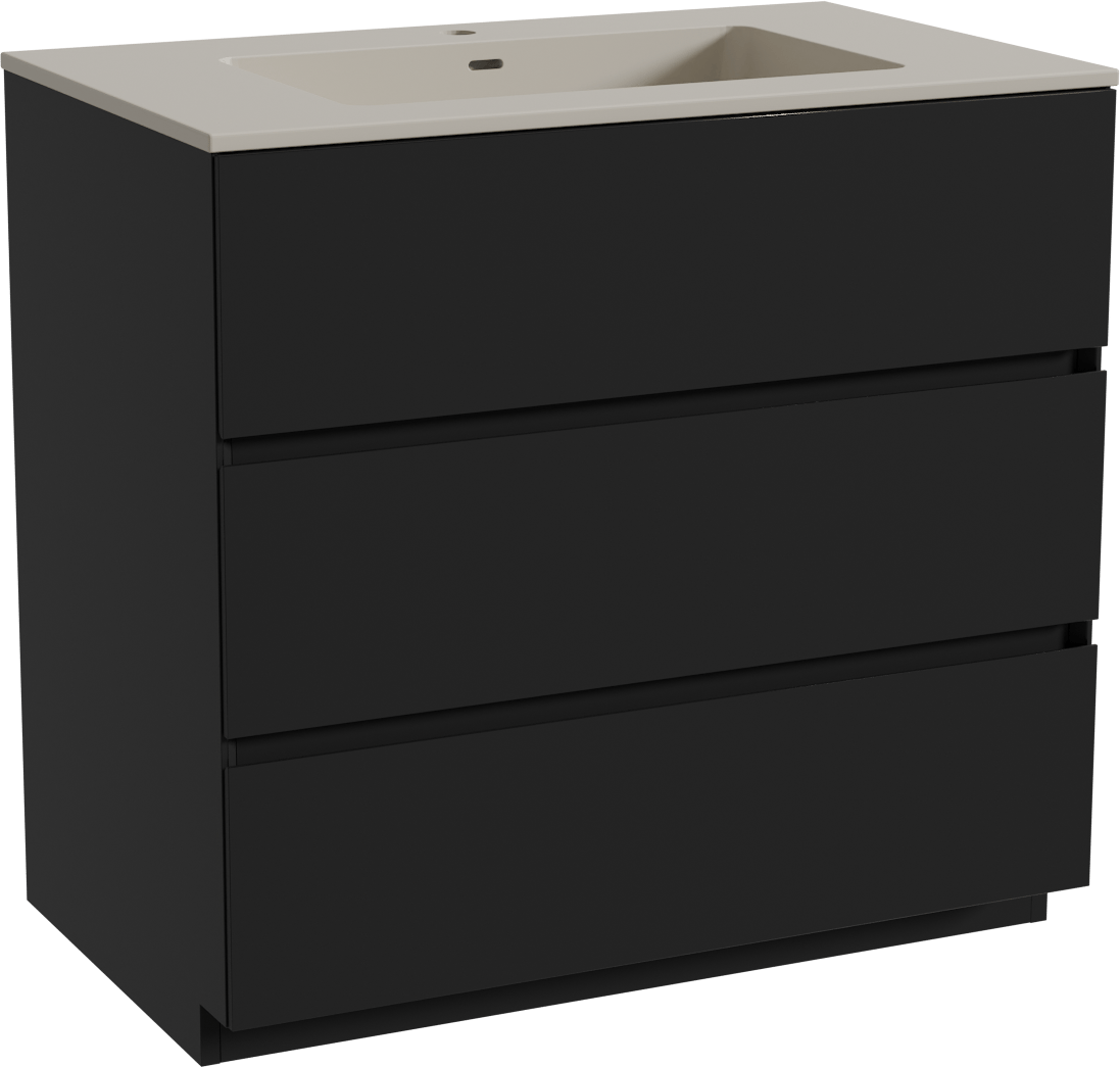 Storke Edge freistehendes Möbelstück Set: 85 x 52 cm, Schwarz matt, mit Diva Einzelwaschtisch, Top Solid Seidengrau