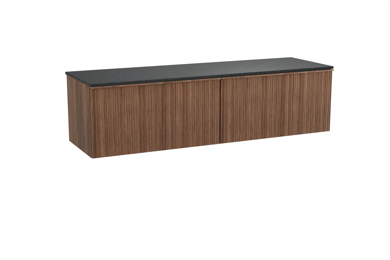 Balmani Forma meuble salle de bains suspendu 180 x 55 cm noyer américain avec Stretto tablette simple ou double en granit noir, Nervure circulaire asymétrique verticale