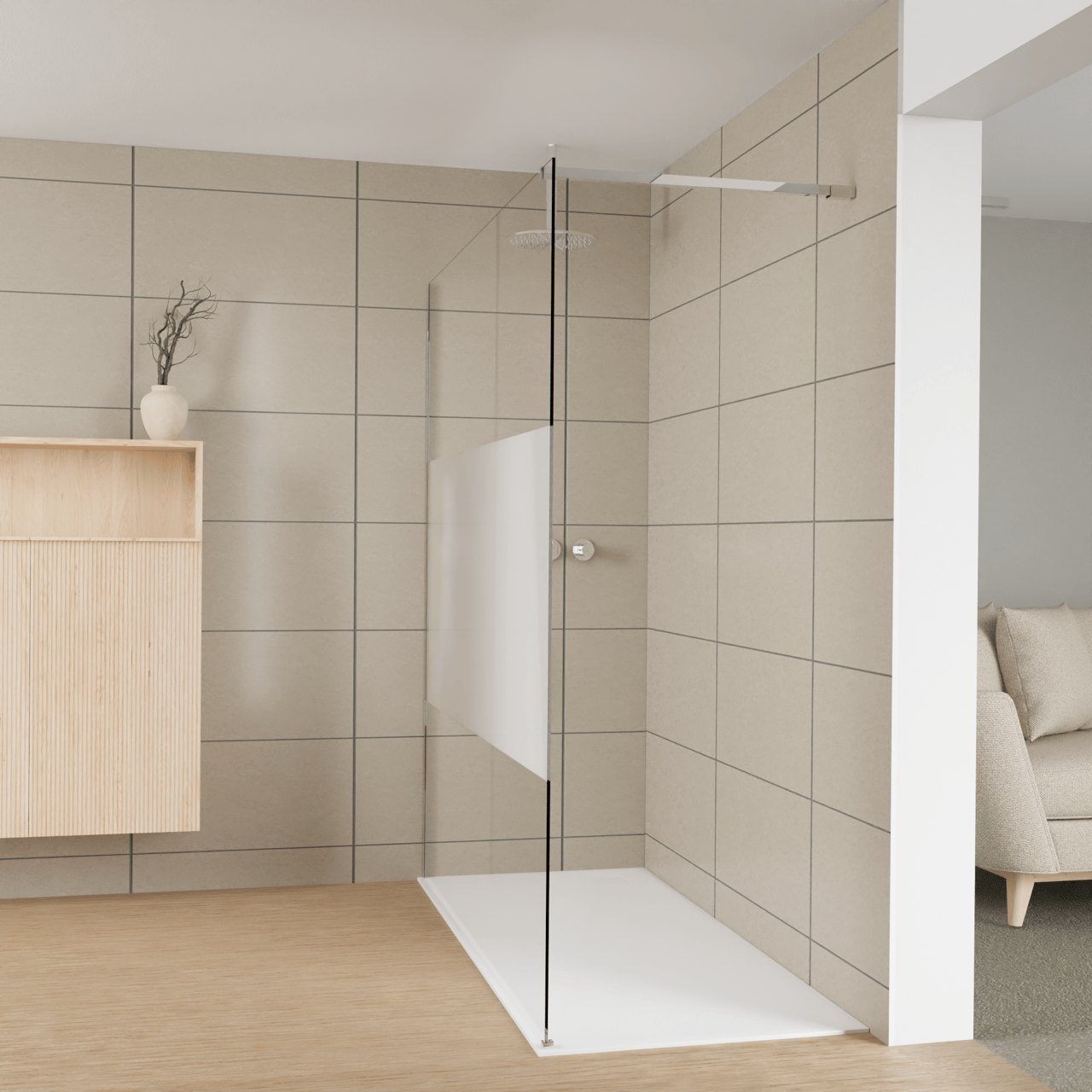 Balmani Modular Walk-In Dusche: 180 x 200 cm, Klarglas mit mattiertem Streifen, inklusive Coating, Profil Chrom glänzend