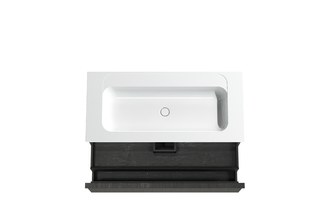 Balmani Forma hängendes Möbelstück Set: 120 x 55 cm, Schwarze Eiche, mit Tablo Strada Einzelwaschtisch, Marmorkomposit, Weiß glänzend, Vertikale symmetrische gerade Rippe