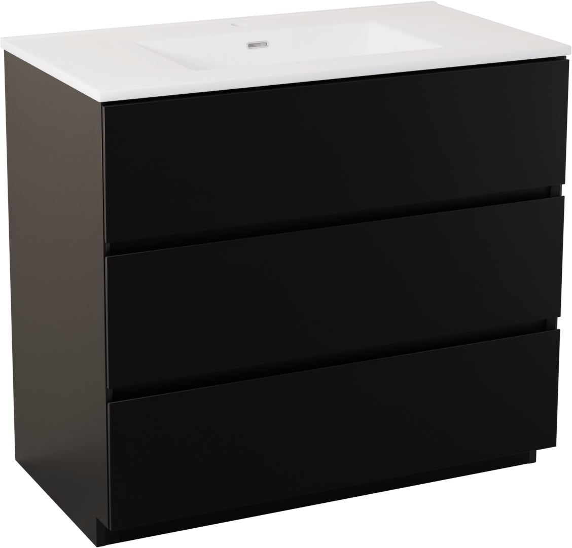 Storke Edge freistehendes Möbelstück Set: 95 x 52 cm, Schwarz matt, mit Kera Einzelwaschtisch, Keramik Weiß matt, inklusive Ablaufventil