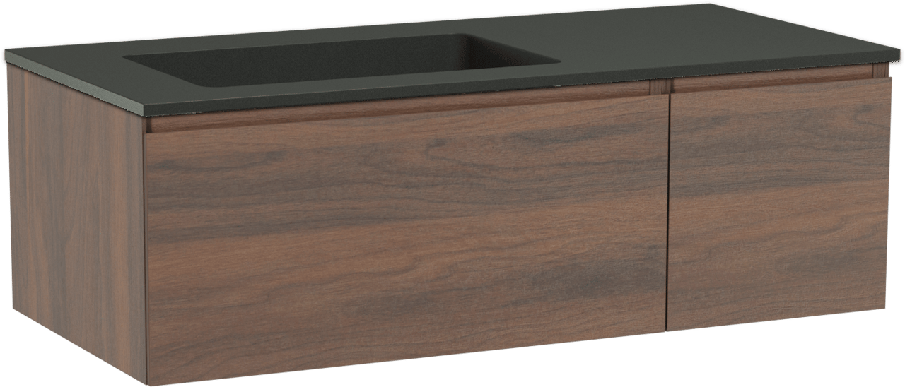 Storke Edge zwevend badkamermeubel 110 x 52 cm notelaar met Scuro asymmetrisch linkse wastafel in kwarts mat zwart