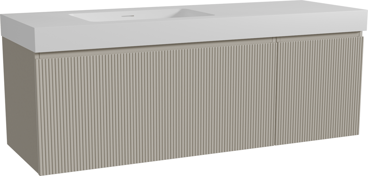 Storke Ribs zwevend badmeubel 150 x 52 cm zijdegrijs met Mata High asymmetrisch linkse wastafel in solid surface mat wit, Verticale symmetrische rechte ribbel