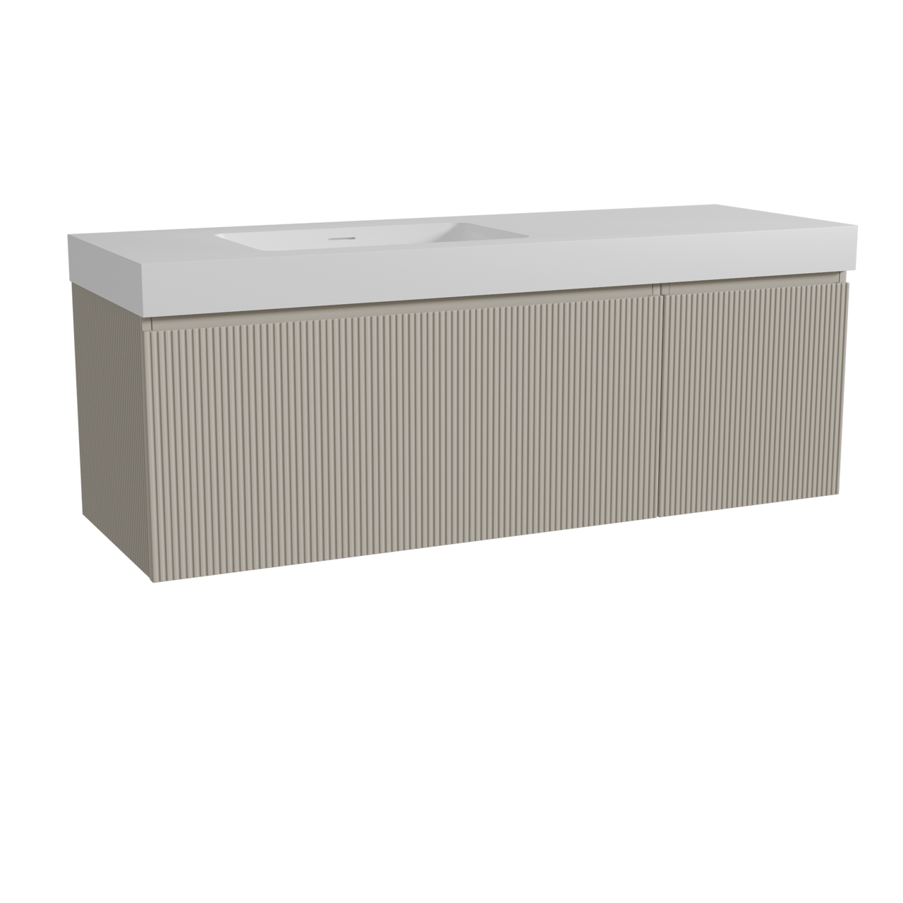Storke Ribs meuble salle de bains suspendu 150 x 52 cm soie grise avec Mata High plan vasque asymétrique à gauche en solid surface blanc mat, Nervure droite symétrique verticale