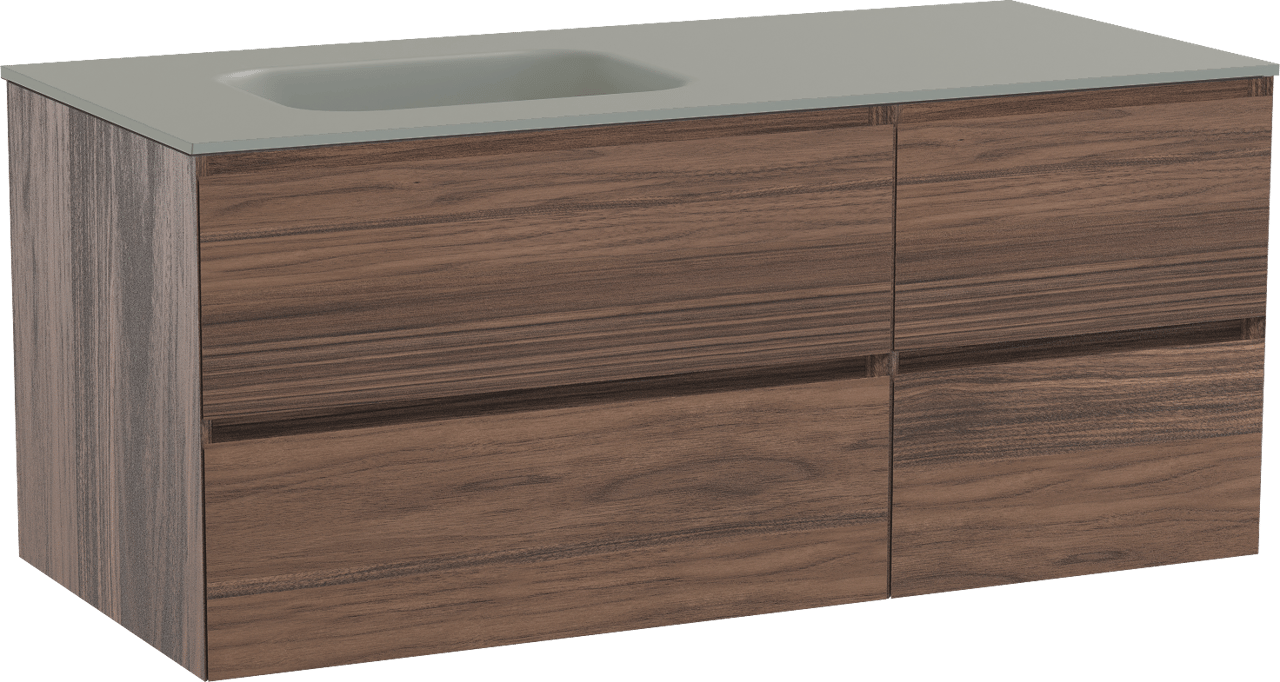 Balmani Mitra zwevend badkamermeubel 120 x 55 cm notelaar met Tablo Arcato asymmetrisch linkse wastafel in solid surface steengrijs