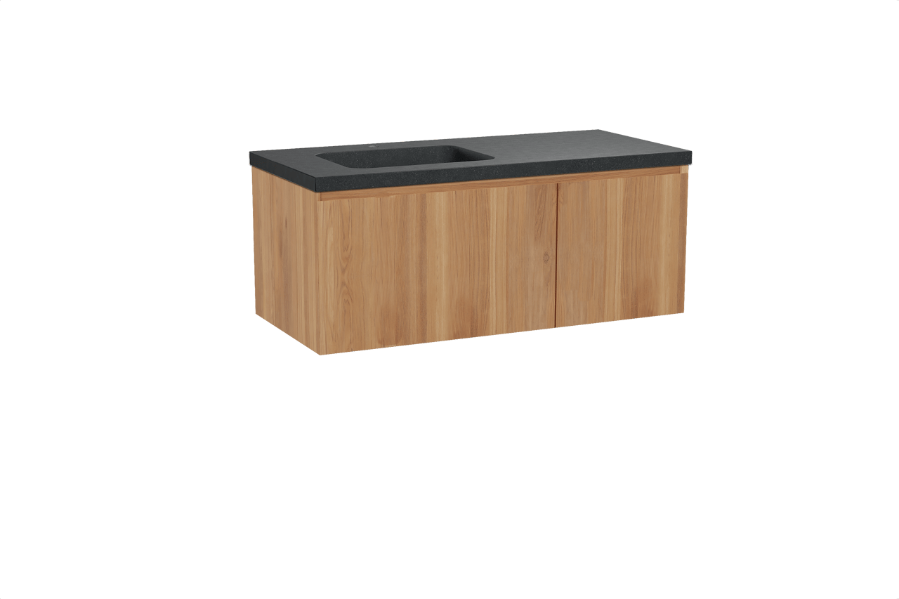 Balmani Idra hängendes Möbelstück Set: 120 x 55 cm, Teak, mit Napoli Waschtisch links, Schwarzes Granit