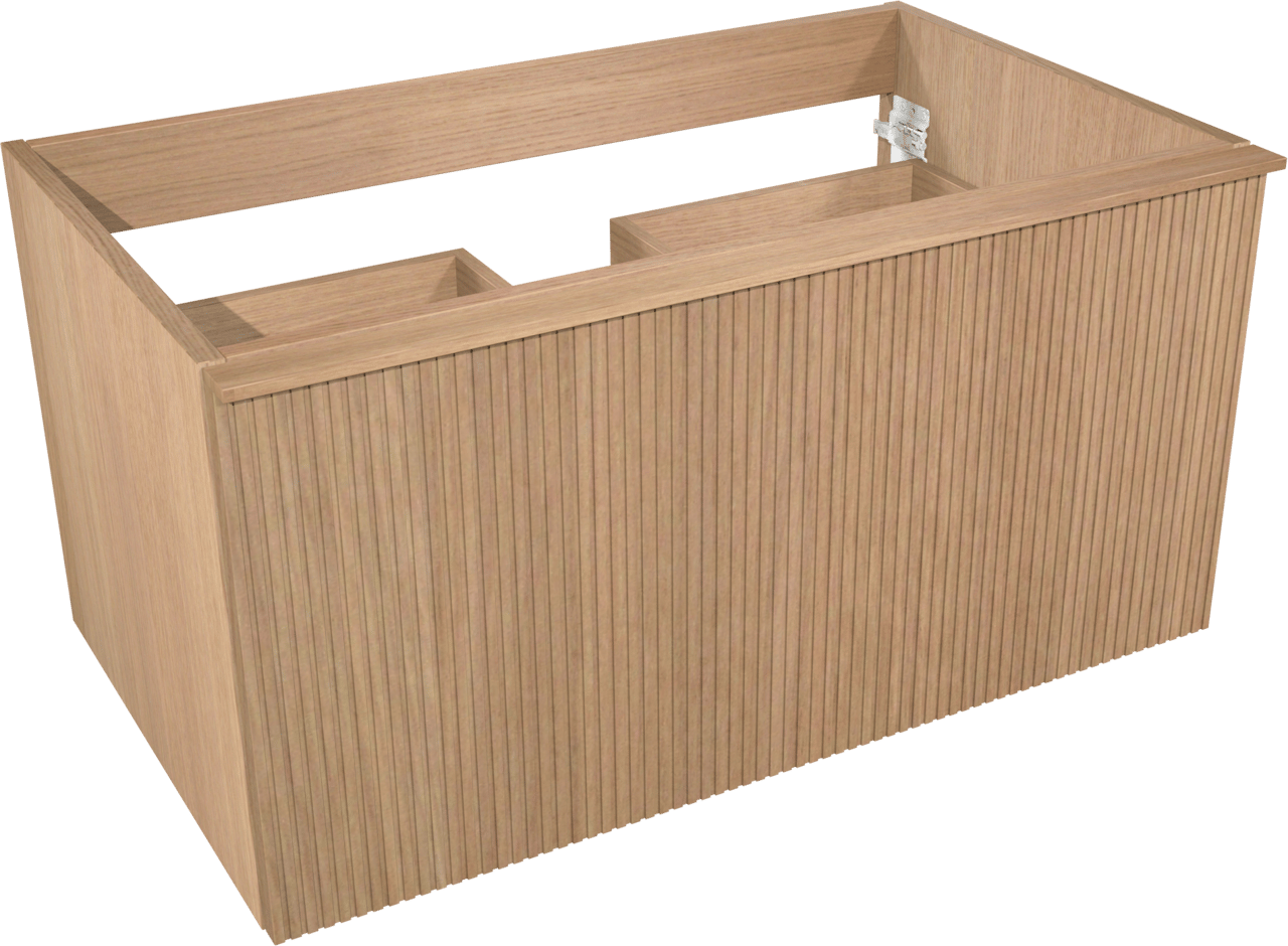 Balmani Forma meuble salle de bains suspendu 90 x 55 cm chêne naturel avec Tablo Arcato plan simple en solid surface blanc mat, Nervure droite symétrique verticale et Giro miroir