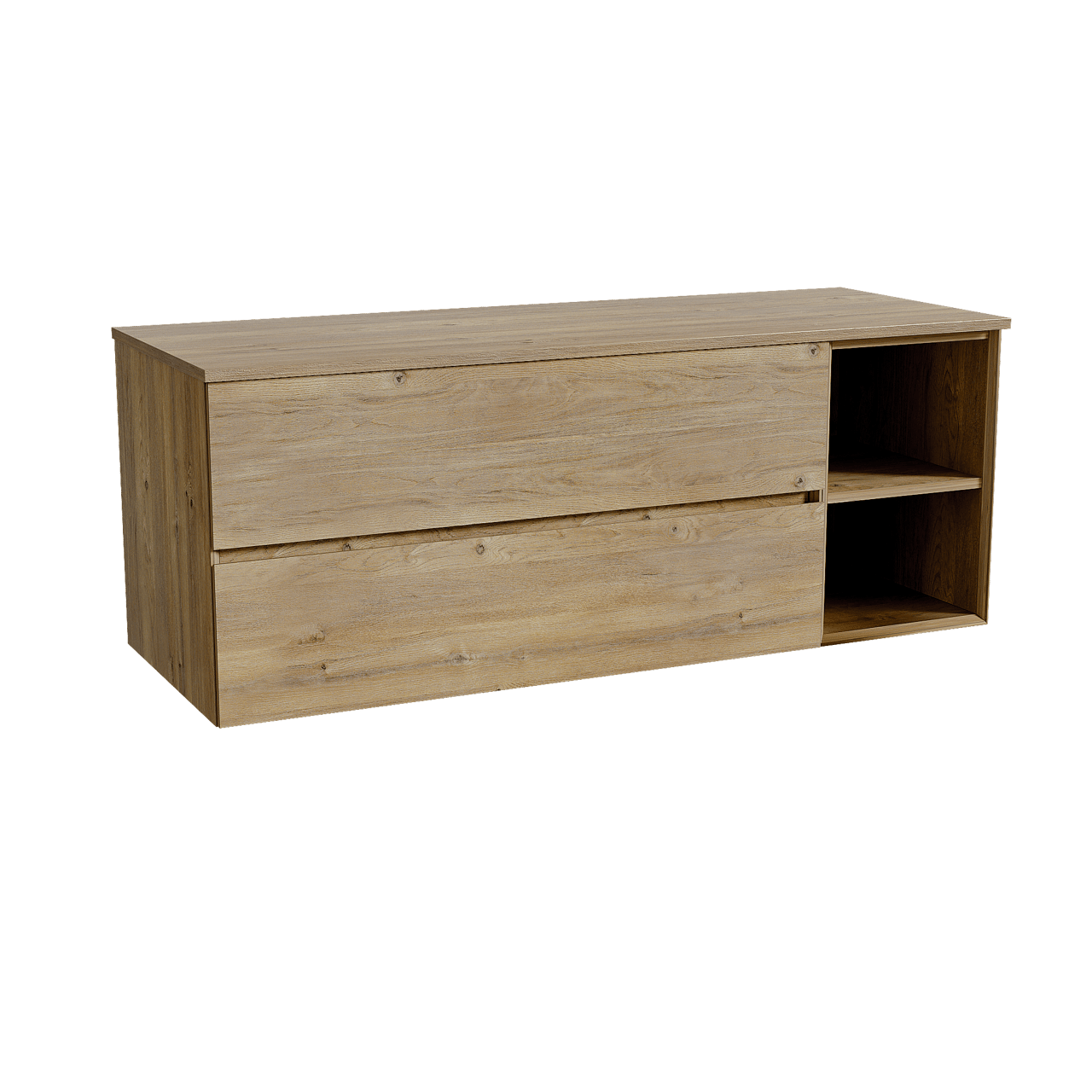 Storke Edge zwevend badkamermeubel 140 x 52 cm ruwe eik met Panton enkel of dubbel tablet in melamine ruwe eik