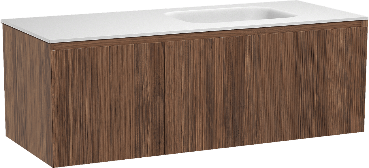 Balmani Fila meuble salle de bains suspendu 135 x 55 cm noyer avec Tablo Arcato vasque asymétrique droite en solid surface blanc mat, Nervure droite symétrique verticale