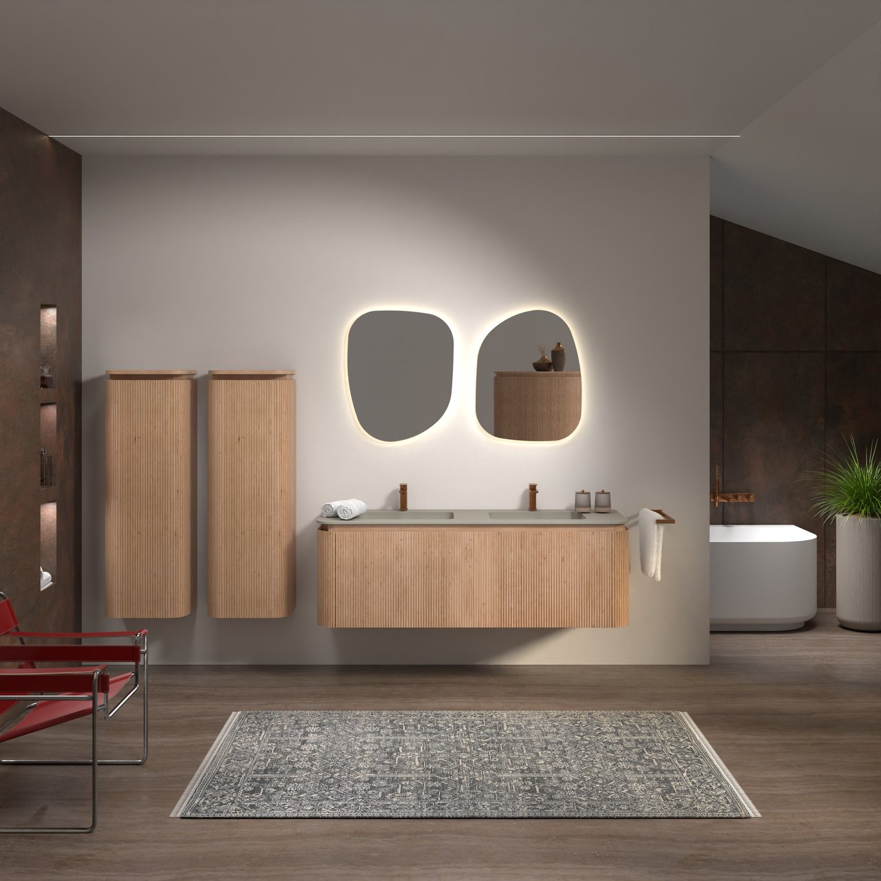 Balmani Moon hängendes Möbelstück Set: 160 x 55 cm, Naturbelassene Eiche, mit Moon Doppelwaschtisch, Top Solid, Seidengrau, Vertikale symmetrische gerade Rippe