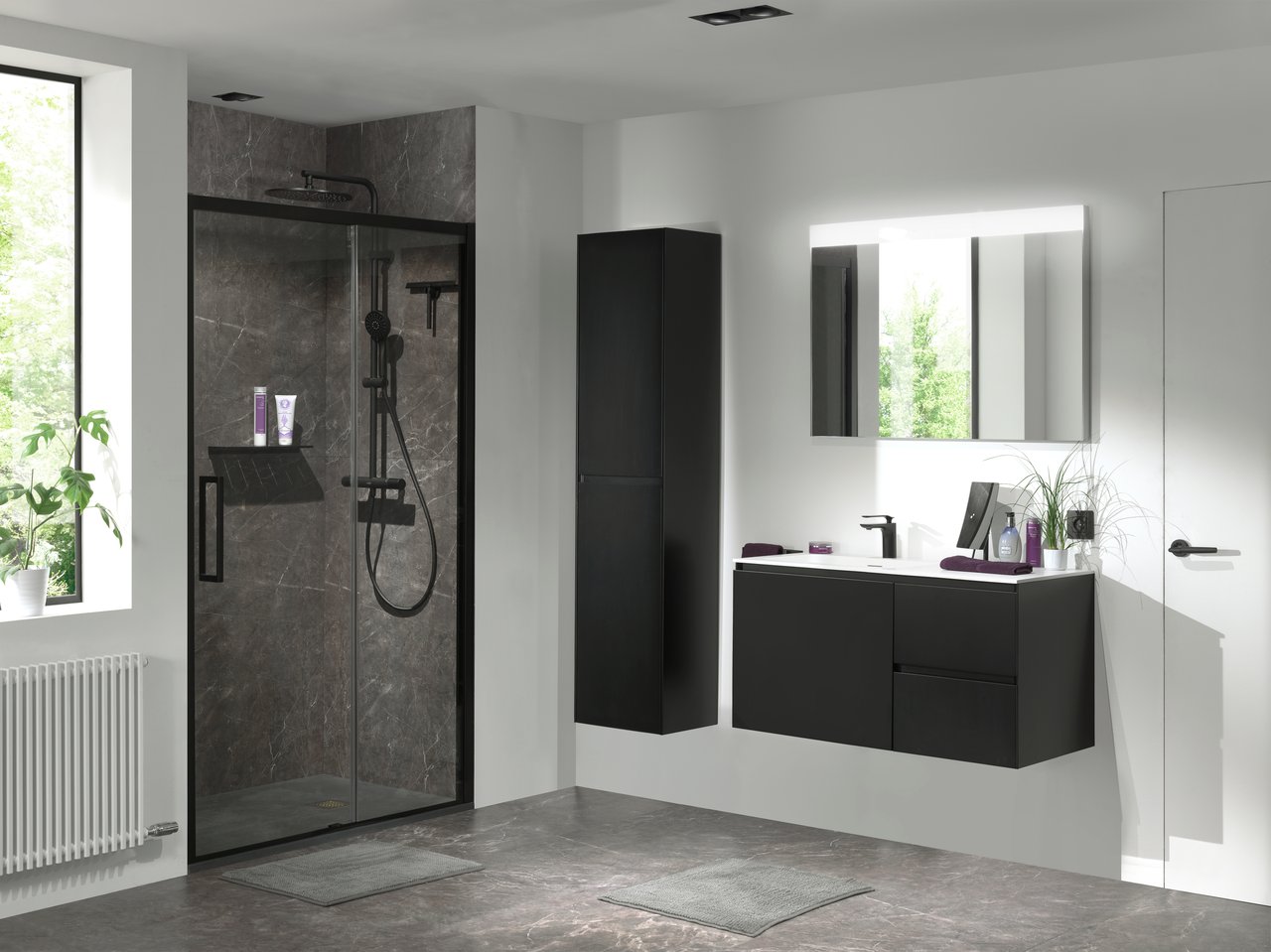 Storke Edge hängender Waschbeckenunterschrank: 100 x 46 cm, asymmetrisch links, Schwarz Matt, 3 Schubladen