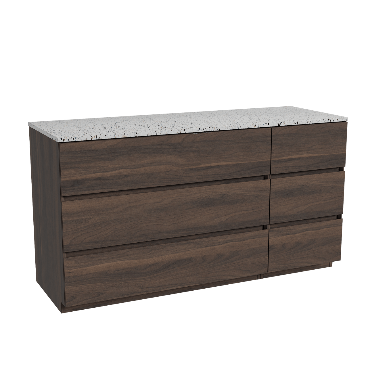 Storke Edge freistehendes Möbelstück Set: 150 x 52 cm, Nussbaum, mit Tavola Einzel- oder Doppel Waschtischplatte, Terrazzo in Weiß/Schwarz matt