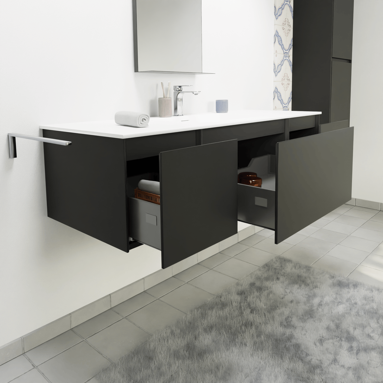 Storke Edge hängendes Möbelstück Set: 135 x 52 cm, Schwarz matt, mit Mata Einzelwaschtisch, Solid Surface Weiß matt