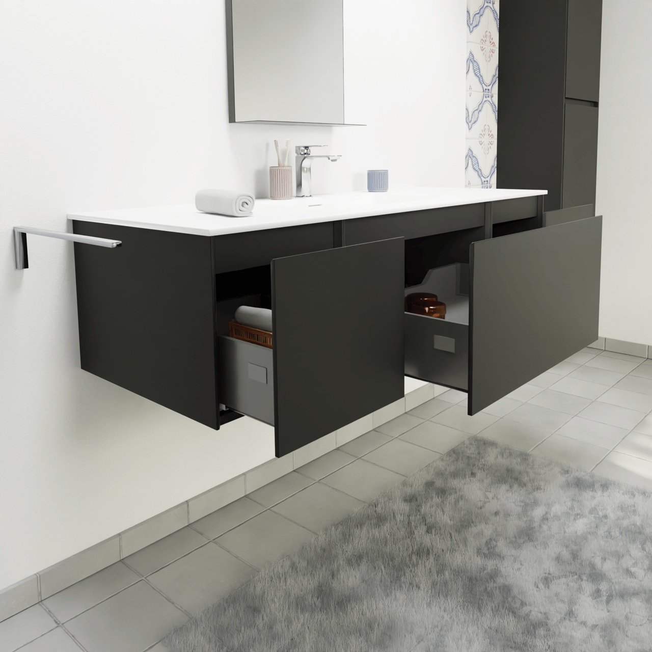 Storke Edge zwevend badkamermeubel 135 x 52 cm mat zwart met Mata enkele wastafel in solid surface mat wit