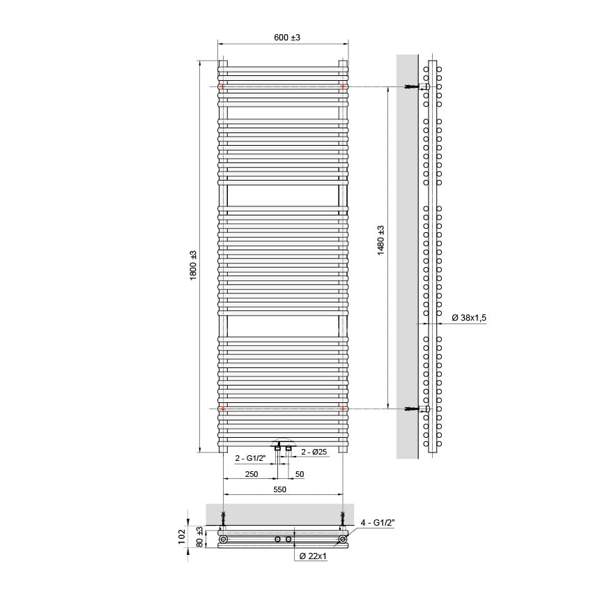 Vipera Alegria dubbele handdoekradiator 60 x 180 cm elektrische verwarming mat wit zij- en middenaansluiting 1.875W, weerstand inbegrepen