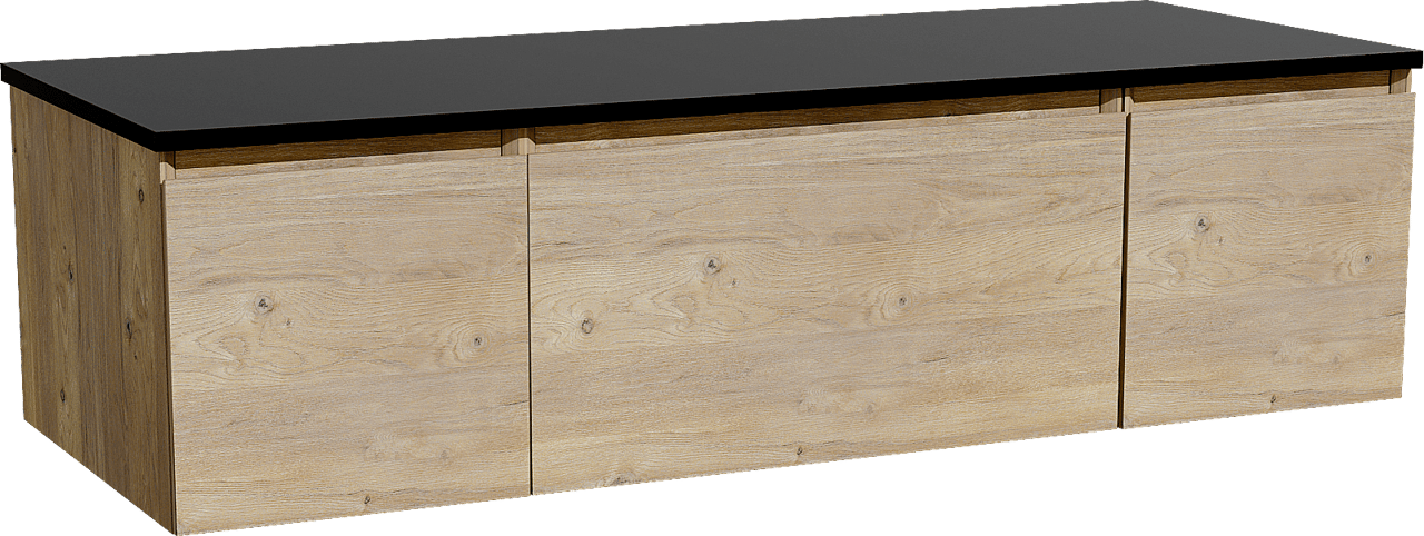 Storke Edge zwevend badkamermeubel 135 x 52 cm ruwe eik met Panton enkel of dubbel tablet in gepoedercoate mdf mat zwart