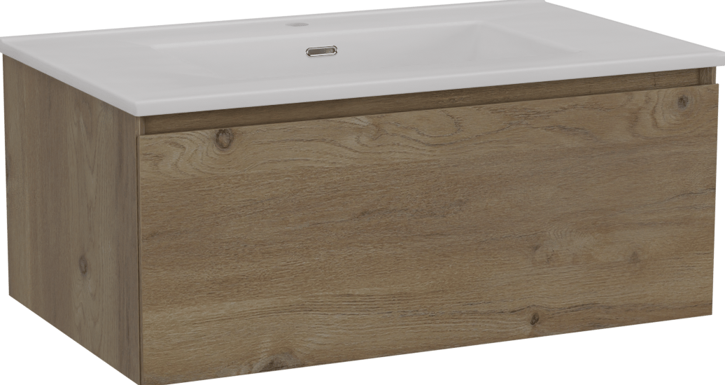 Storke Edge zwevend badmeubel 85 x 52 cm ruw eiken met Kera enkele wastafel in porselein mat wit