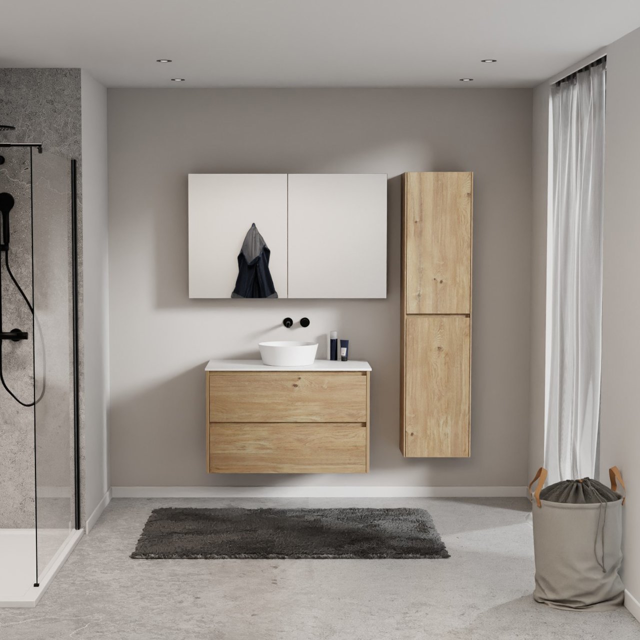 Storke Seda zwevend badkamermeubel 95 x 52 cm ruwe eik met Tavola enkel tablet in solid surface mat wit