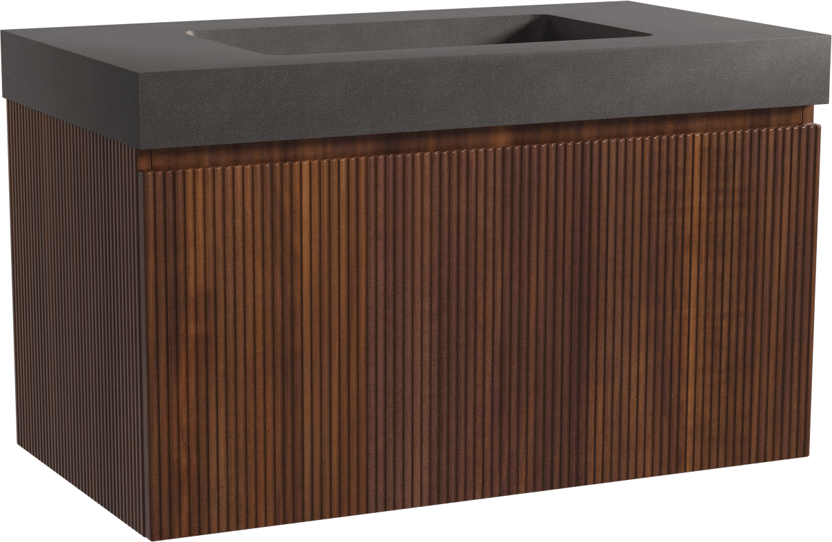 Storke Ribs zwevend badmeubel 95 x 52 cm notenhout met Scuro High enkele wastafel in kwarts mat zwart, Verticale symmetrische rechte ribbel