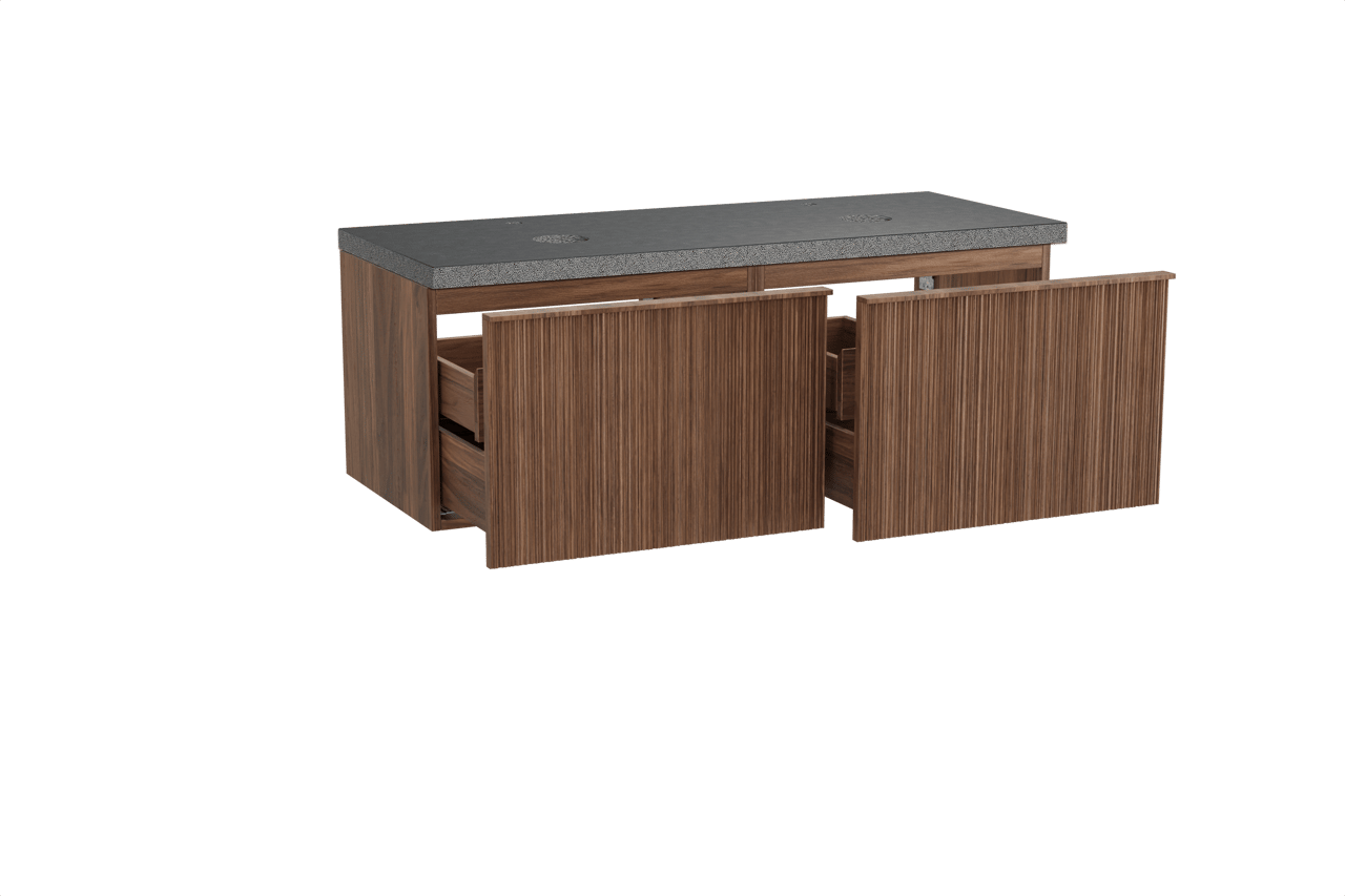 Balmani Forma hängendes Möbelstück Set: 135 x 55 cm, Amerikanischer Nussbaum, mit Rock Doppel Waschtischplatte, Granit, Schwarzes Granit, Vertikale asymmetrische Runde Rippe