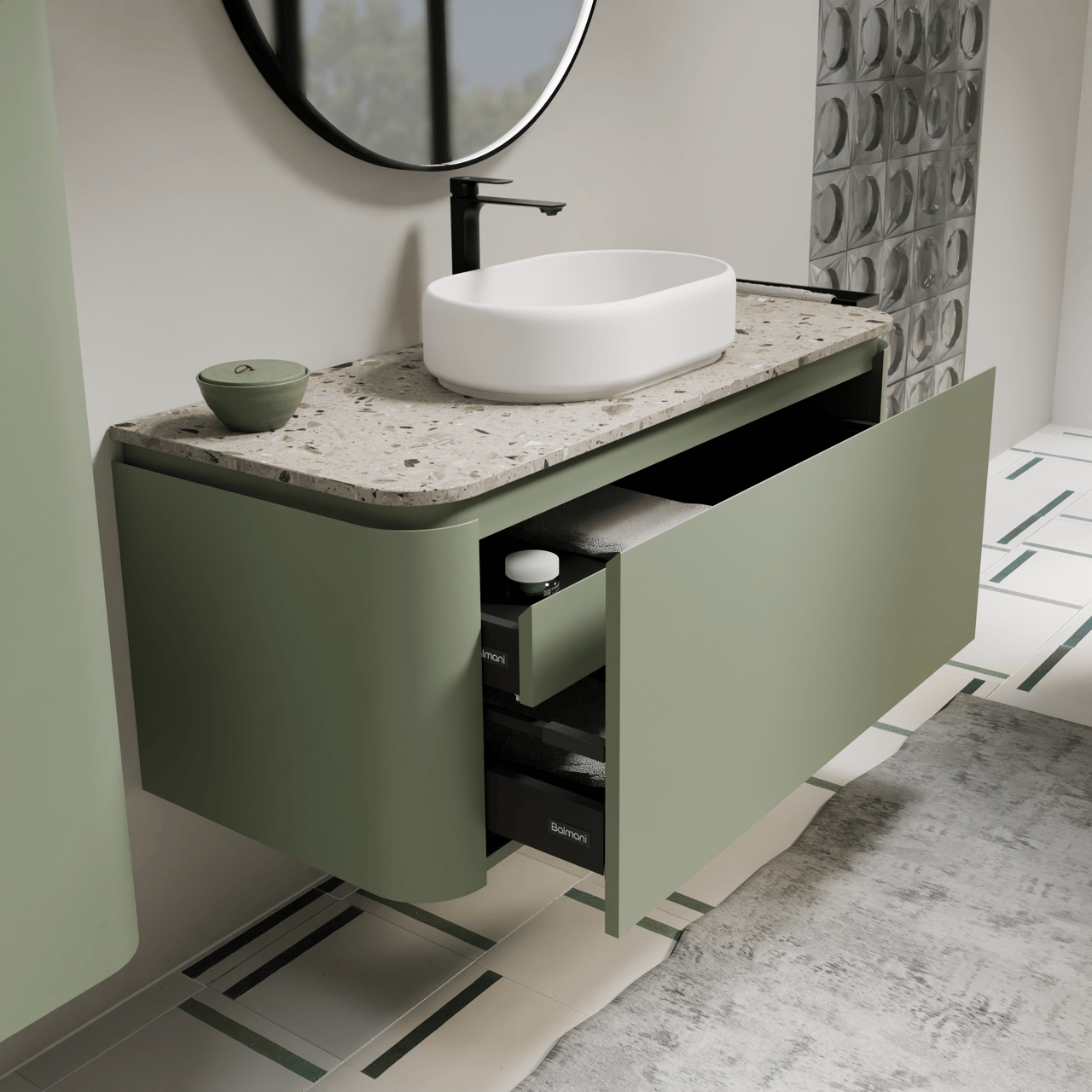 Balmani Moon meuble salle de bains suspendu 130 x 55 cm vert sauge avec Moon tablette simple ou double en terrazzo greige terrazzo