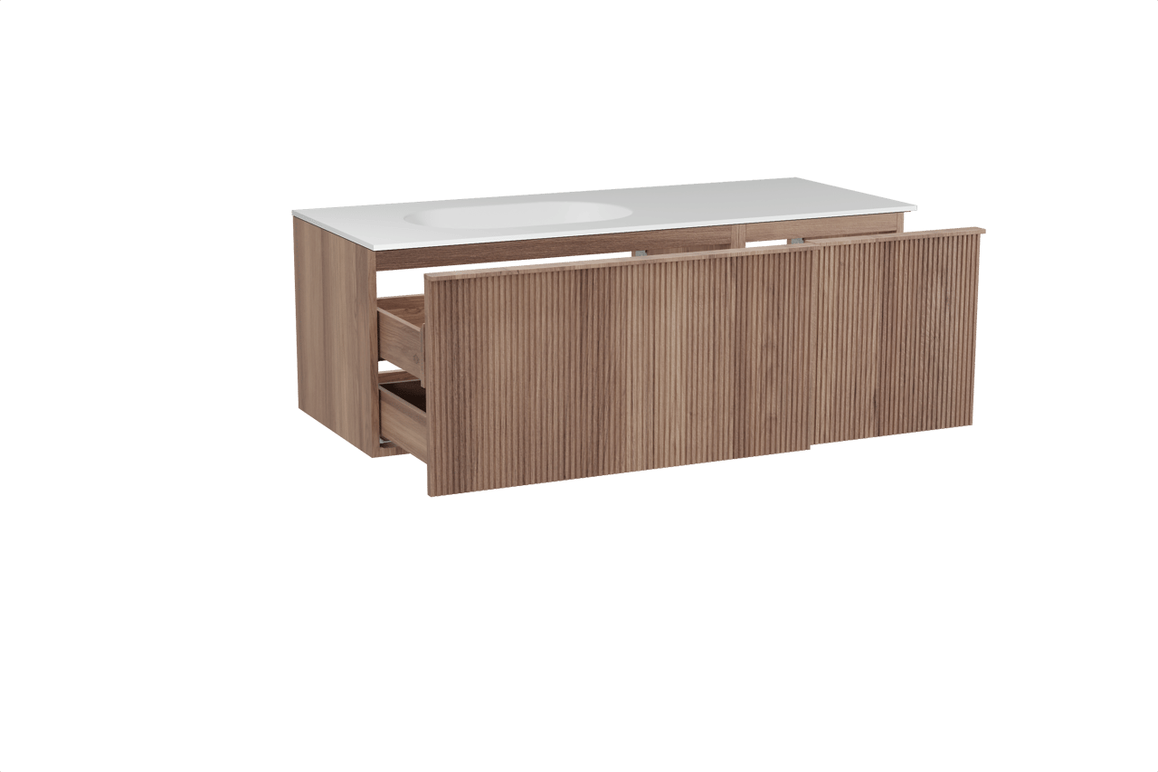 Balmani Forma hängendes Möbelstück Set: 135 x 55 cm, Teak, mit Tablo Oval Waschtisch links, Solid Surface, Weiß matt, Vertikale symmetrische gerade Rippe