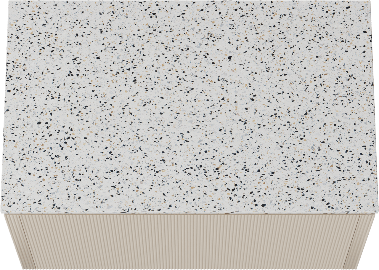 Balmani Eclips zwevend badkamermeubel 90 x 55 cm Sandbeige met Stretto enkel tablet in Bianco Nero Terrazzo, Verticale symmetrische rechte ribbel