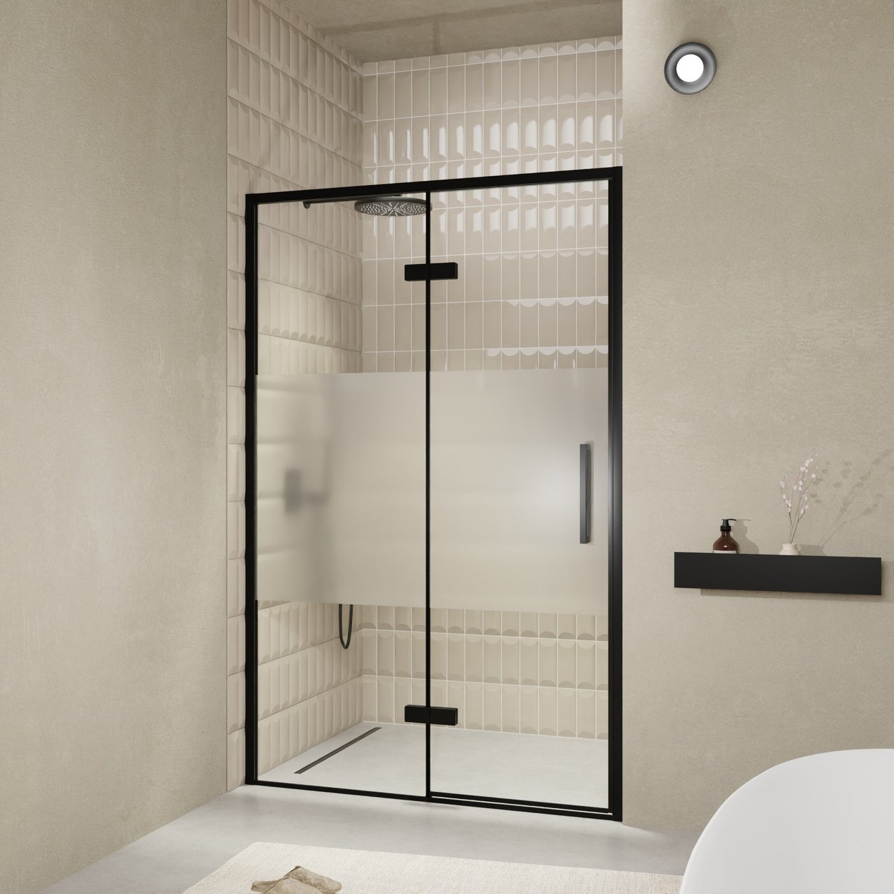 Balmani Senses Design Dusche Drehtür, Links, 140 cm x 210 cm, Klarglas mit mattiertem Streifen, Profil Schwarz