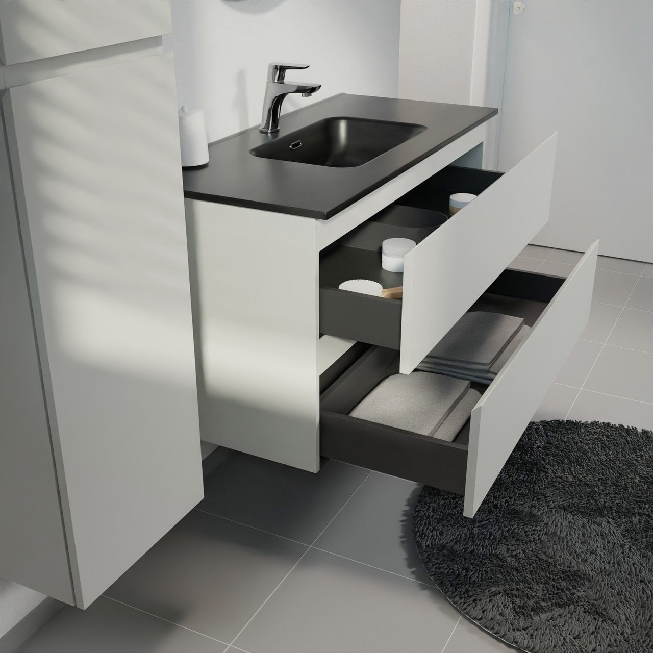 Linie Lado hängendes Möbelstück Set: 100 x 46 cm, Greige, mit Baro Einzelwaschtisch, Porzellan Schwarz matt