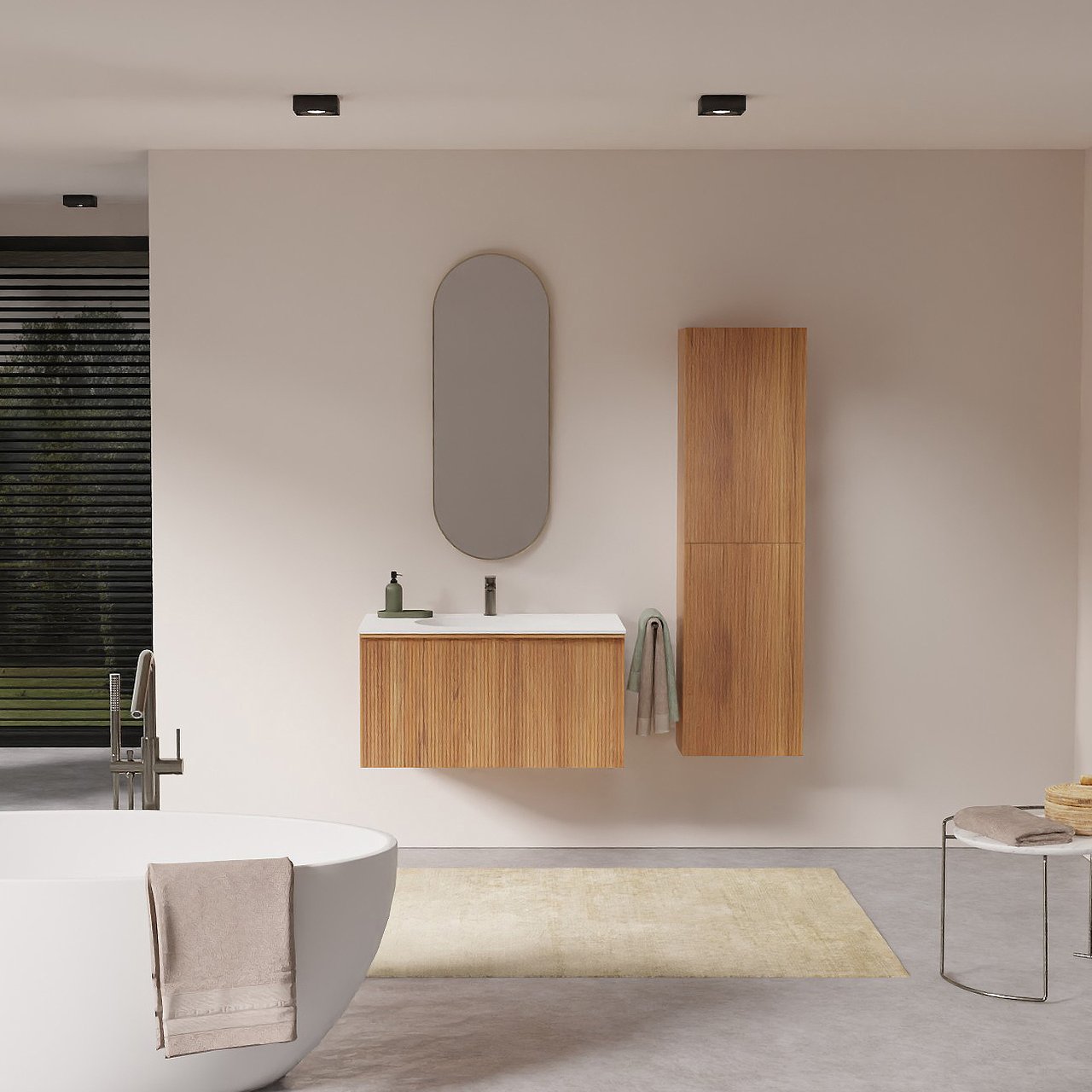 Balmani Forma zwevend badkamermeubel 90 x 55 cm teak met Tablo Oval enkele wastafel in solid surface mat wit, Verticale symmetrische rechte ribbel