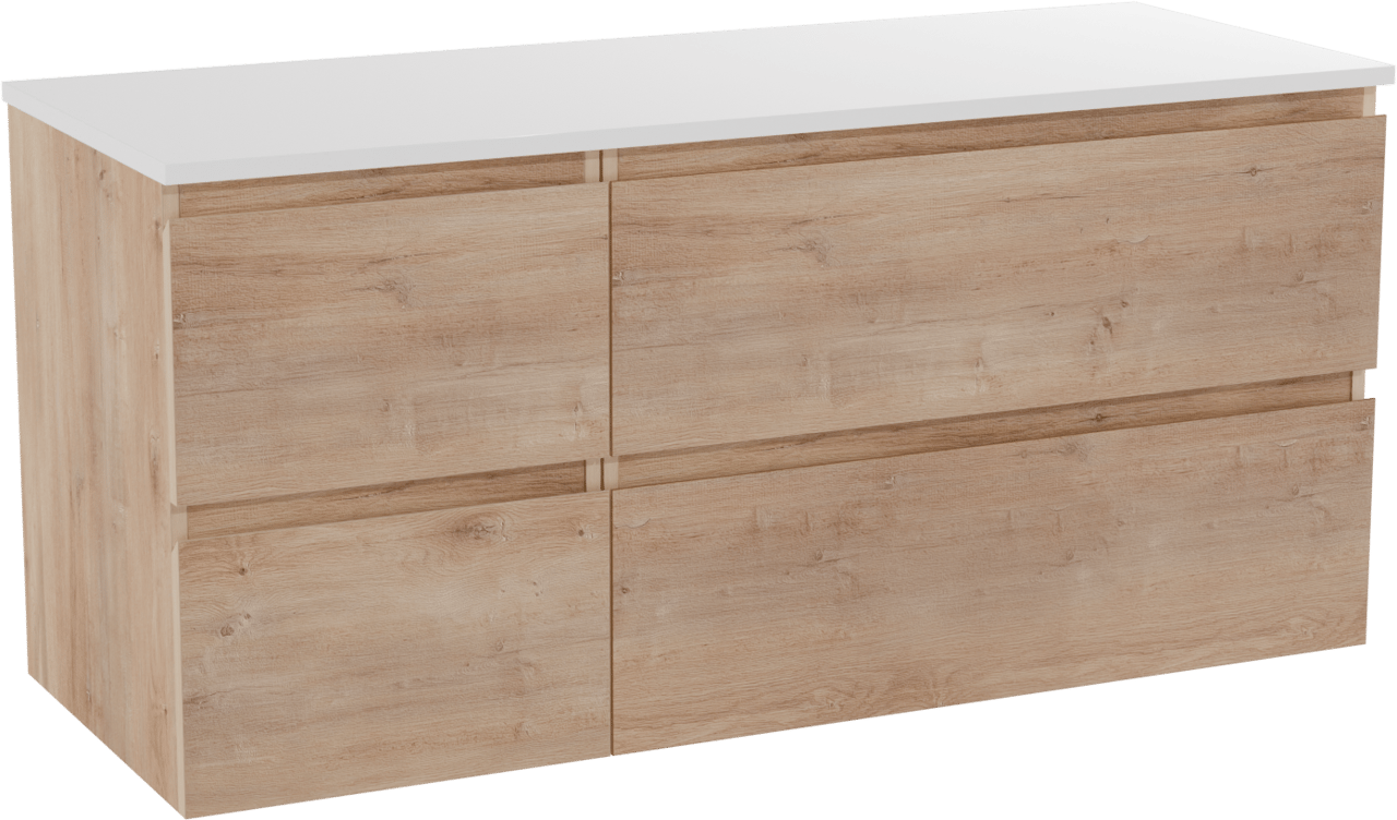 Linie Lado hängendes Möbelstück Set: 120 x 46 cm, Naturbelassene Eiche, mit Lado Doppel Waschtischplatte, Marmorkomposit Weiß matt