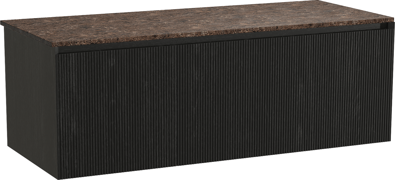 Balmani Fila zwevend badmeubel 135 x 55 cm zwart eiken met Stretto enkel of dubbel wastafelblad in marmer dark emperador, Verticale symmetrische rechte ribbel