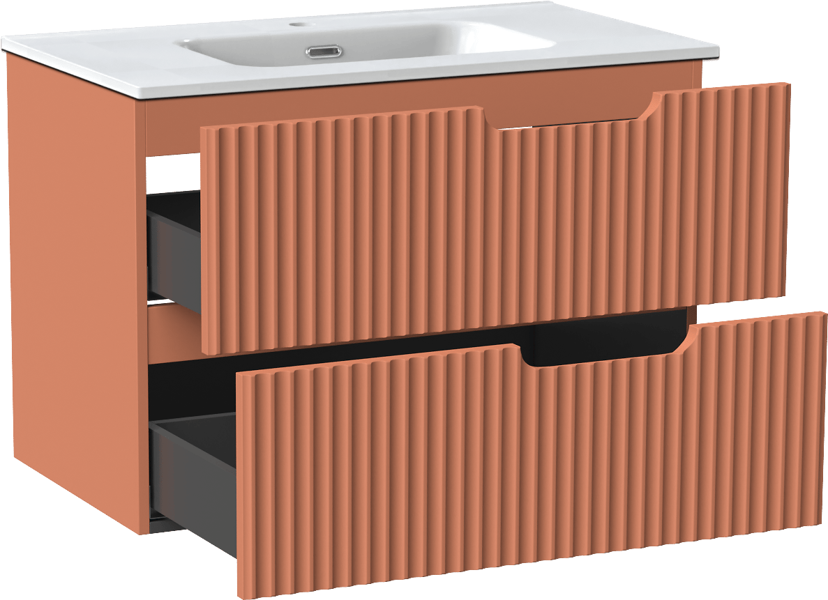 Linie Ribbo meuble salle de bains suspendu 80 x 46 cm cotto avec Baro plan simple en porcelaine blanc brillant, Nervure circulaire symétrique verticale