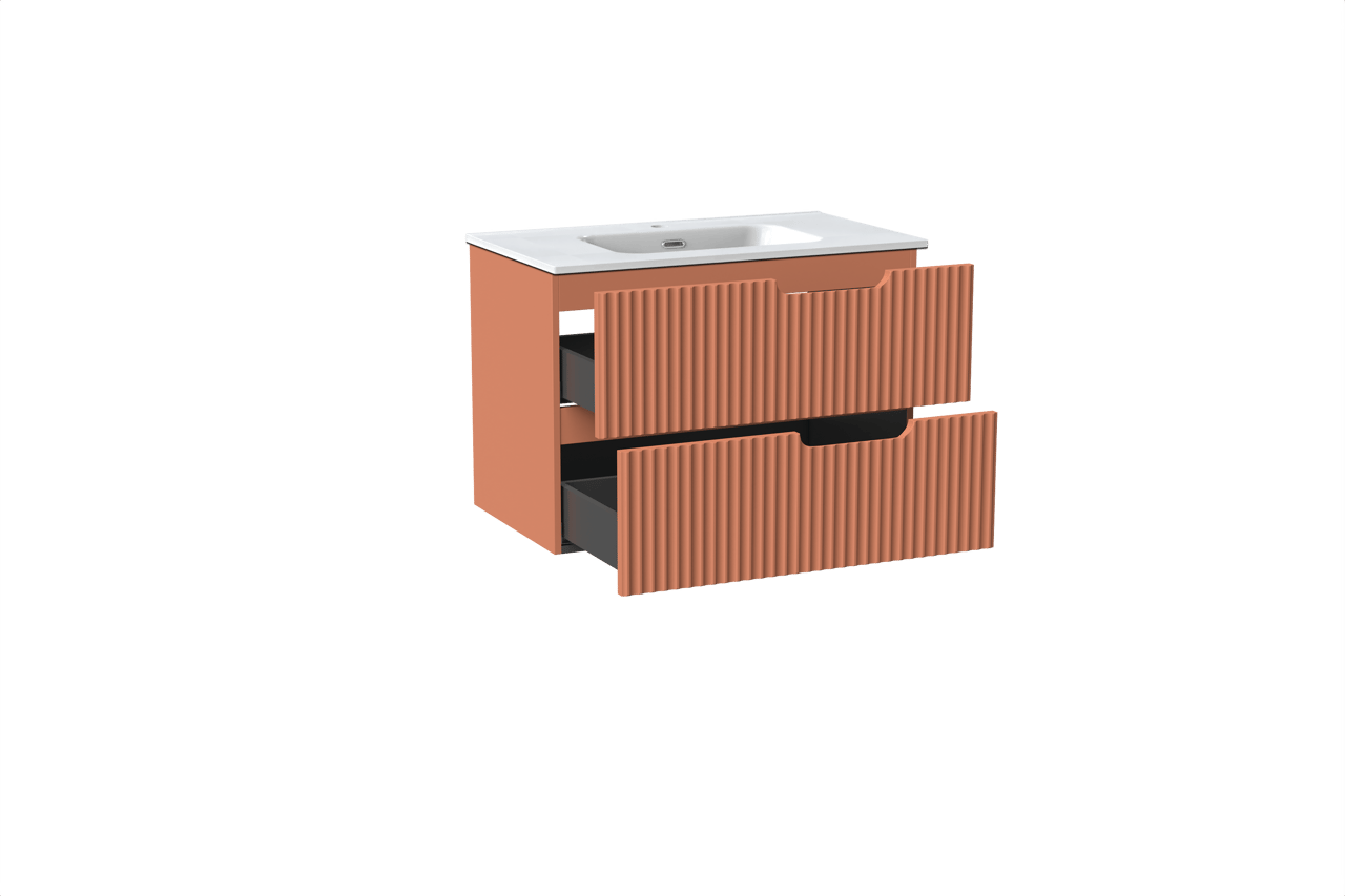 Linie Ribbo zwevend badkamermeubel 80 x 46 cm cotto met Baro enkele wastafel in porselein glanzend wit, Verticale symmetrische ronde ribbel