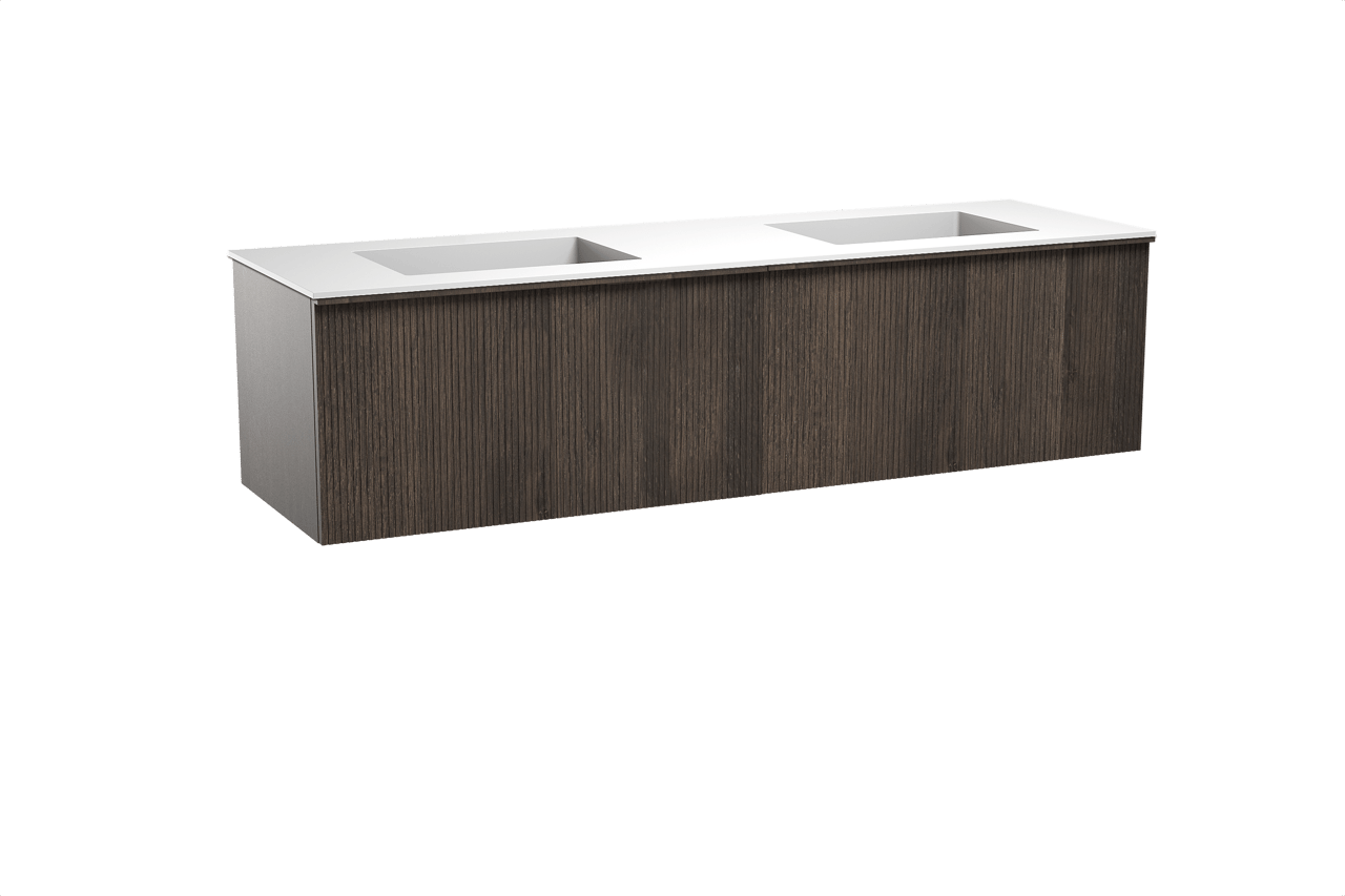 Balmani Forma hängendes Möbelstück Set: 180 x 55 cm, Geräucherte Eiche, mit Tablo Stretto Doppelwaschtisch, Solid Surface, Weiß matt, Vertikale symmetrische gerade Rippe