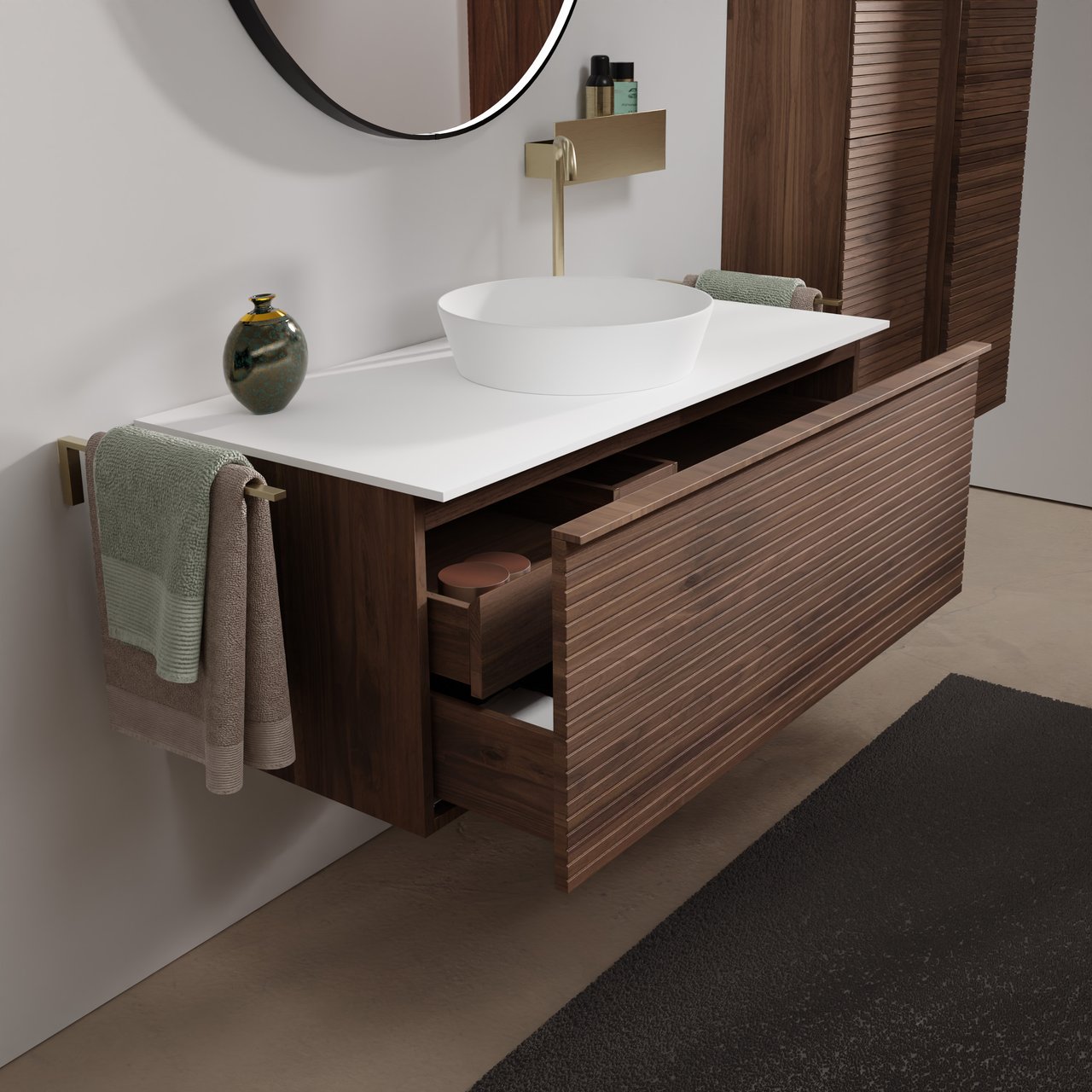 Balmani Forma hängendes Möbelstück Set: 120 x 55 cm, Amerikanischer Nussbaum, mit Stretto Einzel- oder Doppel Waschtischplatte, Solid Surface, Weiß matt, Horizontale symmetrische gerade Rippe