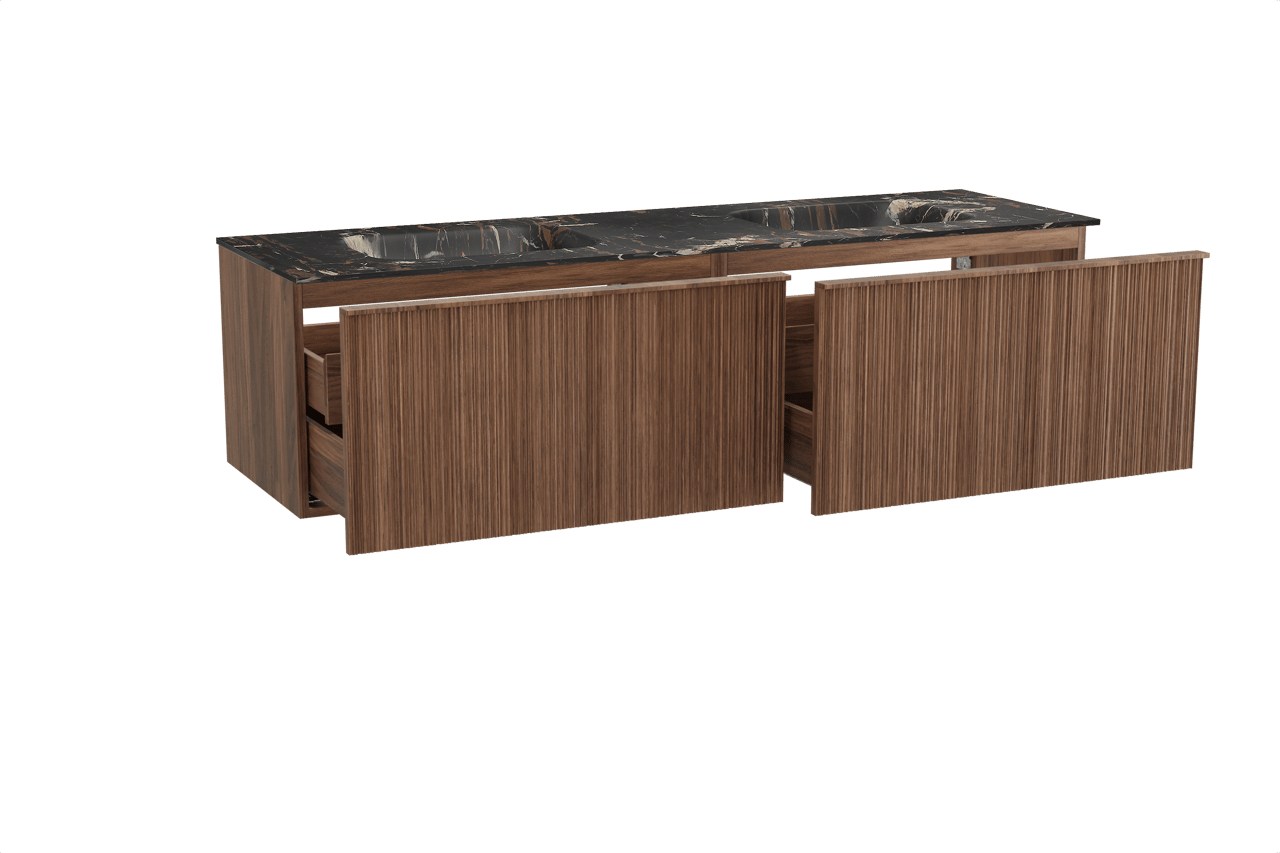 Balmani Forma zwevend badkamermeubel 180 x 55 cm amerikaanse notelaar met Tablo Arcato dubbele wastafel in marmer portoro gold, Verticale asymmetrische ronde ribbel